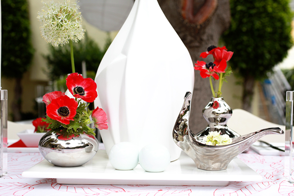 Red Flowers with white and silver vases 248