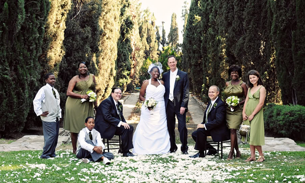 Bridal Party with Green Bridesmaids Dresses, Villa del Sol d'Oro, Sierra Madre, California, Hazelnut photography doug31