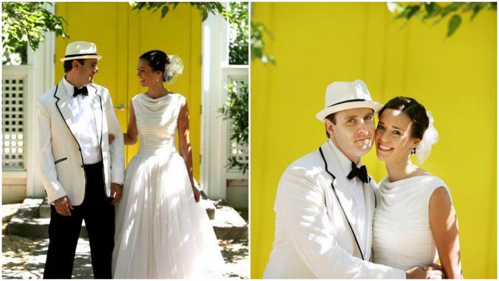 Bride and Groom in front of yellow doors