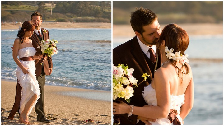 Bride and Groom walking on beach
