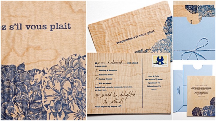 blue printed on wood invite