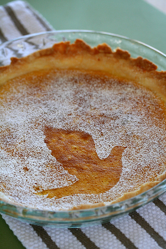Pumpkin pie with sugar stencil of bird 2851265269_3d1b6c638c