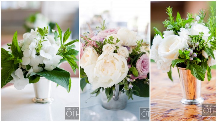 Mint julep cups with Garden florals, Wainright House wedding venue, Rye New York, Lyndsey Hamilton Events, Christian Oth Studio Mint julep cups with Garden florals