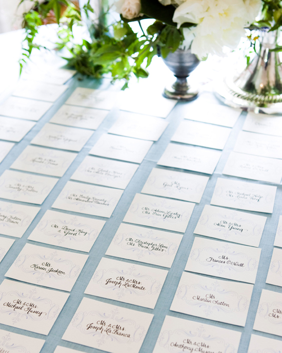 Place cards on blue linens, Wainright House wedding venue, Rye New York, Lyndsey Hamilton Events, Christian Oth Studio JP9H1880