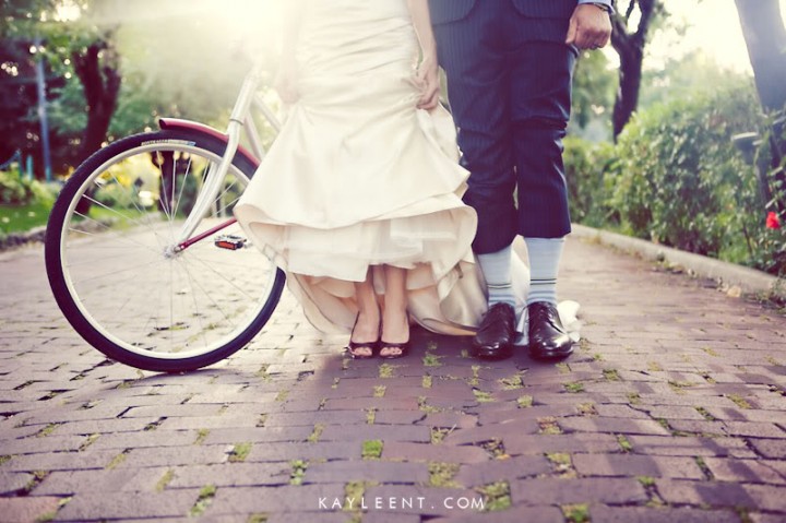 Bride and groom pose with bike, La Caille wedding venue, Salt Lake City Utah wedding, Kayleen T photography, ruby red slippers 20090906-IMG_8134-Edit1