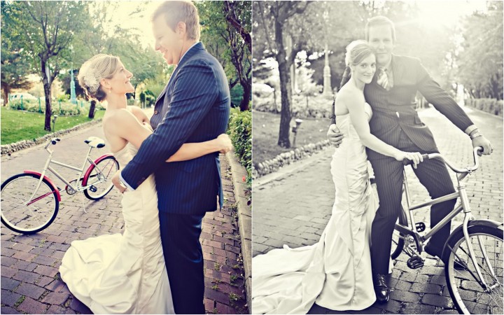 Bride and groom pose with bike, La Caille wedding venue, Salt Lake City Utah wedding, Kayleen T photography, ruby red slippers Kayleen T wedding-3