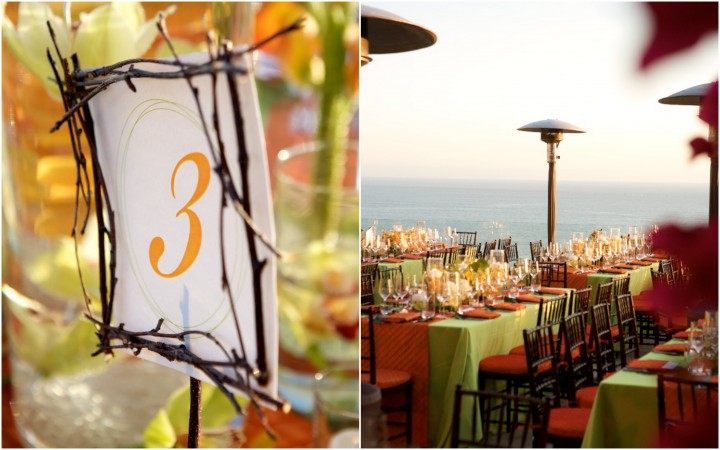 Orange and Lime green wedding centerpieces modern reception, orange and lime wedding inspiration, private estate wedding, pacific palisades california, Ira Lippke photography, Carolyn Chen, The Special Day