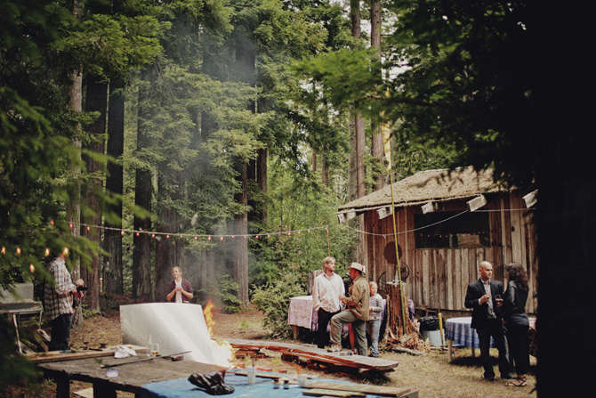 rustic backyard rehearsal dinner, string lights, fire pit
