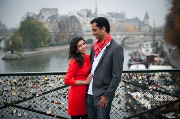 Paris engagement, key locks, red dress, red scarf, bridge, winter wedding inspiration