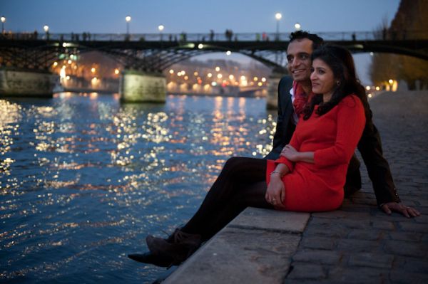 Paris engagement, red dress, red scarf, bridge, black tights, winter wedding inspiration