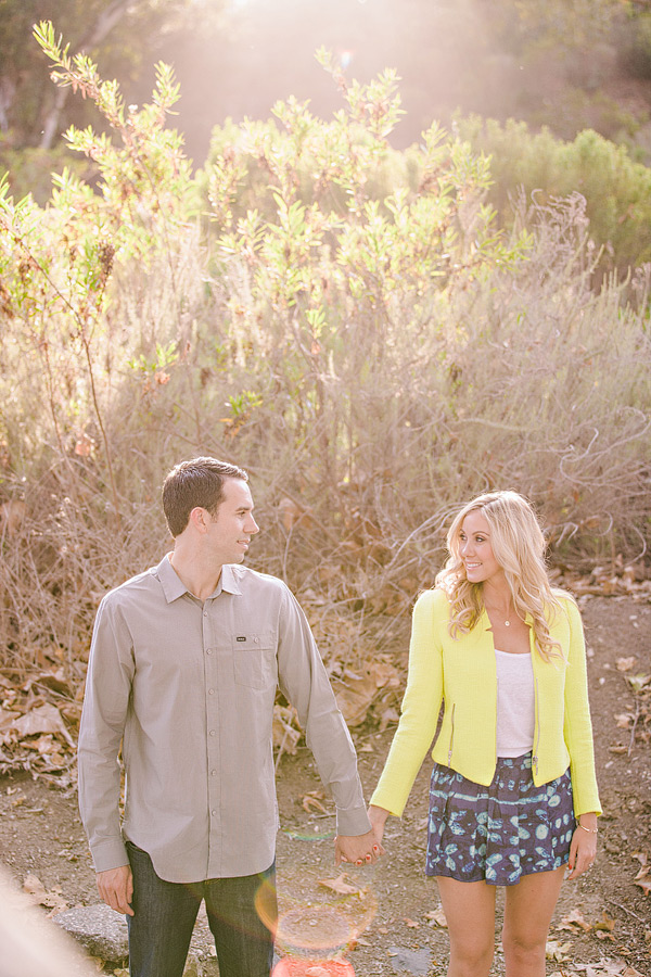 Laguna Beach engagement session, Crystal Cove, neon blazer, beach, sand, coral dress, sunlight, field