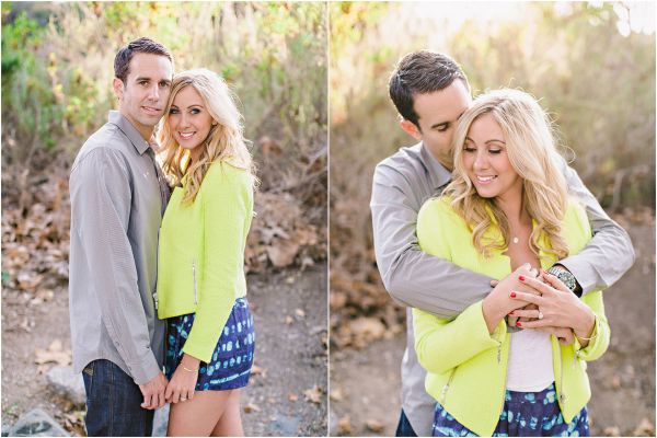 Laguna Beach engagement session, Crystal Cove, neon blazer, beach, sand, coral dress, sunlight, field