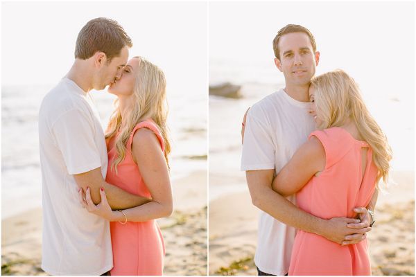 Laguna Beach engagement session, Crystal Cove, neon blazer, beach, sand, coral dress, sunlight, field