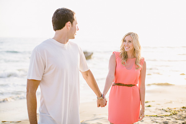 Laguna Beach engagement session, Crystal Cove, neon blazer, beach, sand, coral dress, sunlight, field