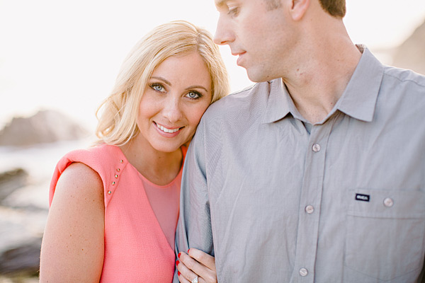 Laguna Beach engagement session, Crystal Cove, neon blazer, beach, sand, coral dress, sunlight, field