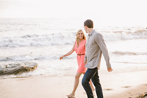 Laguna Beach engagement session, Crystal Cove, neon blazer, beach, sand, coral dress, sunlight, field