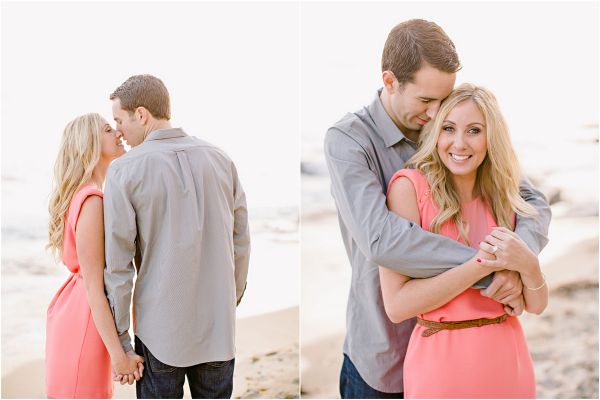 Laguna Beach engagement session, Crystal Cove, neon blazer, beach, sand, coral dress, sunlight, field