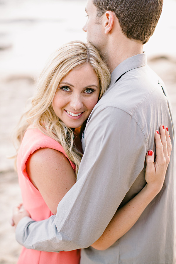 Laguna Beach engagement session, Crystal Cove, neon blazer, beach, sand, coral dress, sunlight, field