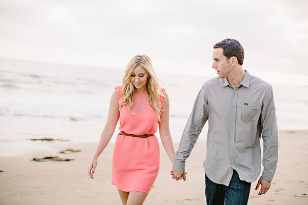 Laguna Beach engagement session, Crystal Cove, neon blazer, beach, sand, coral dress, sunlight, field