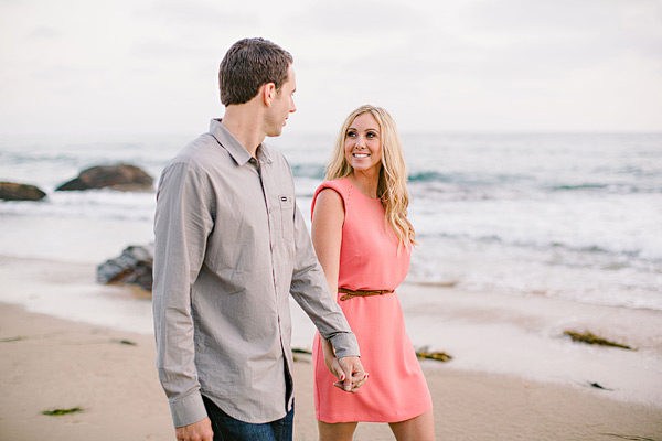 Laguna Beach engagement session, Crystal Cove, neon blazer, beach, sand, coral dress, sunlight, field