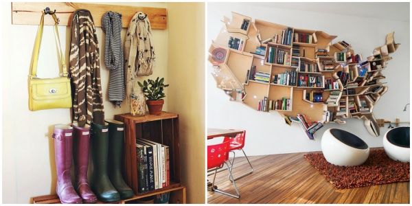 wooden box entryway, us map bookshelf