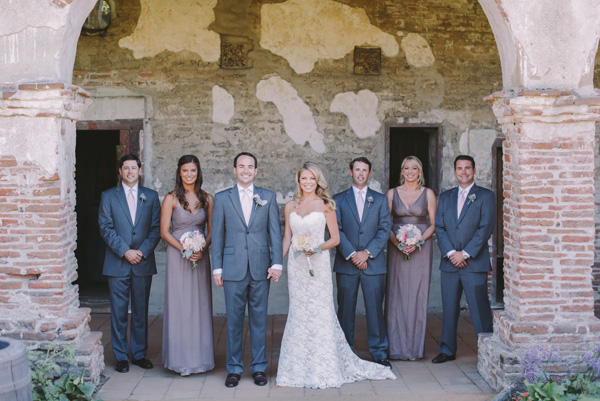 Lace wedding dress, grey groomsmen suits, purple bridesmaids dresses, san juan capistrano, mission wedding inspiration, pastels, romantic, classic 0022_The Villa San Juan Capistrano photo