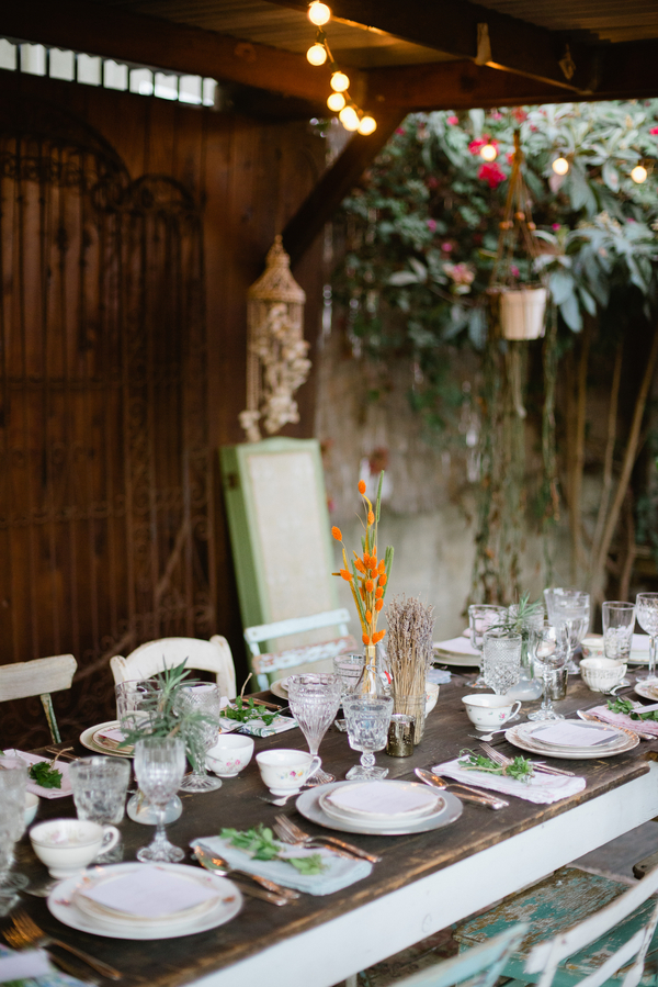 Sustainable dinner party inspiration, hunt and gather, backyard dinner party, cafe lights, mix and match chairs, vintage glassware __Brandi_Welles_Photographer_20121030huntandgather00068PRINT_low
