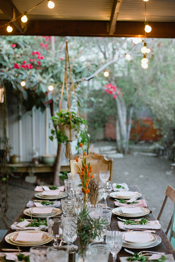 Sustainable dinner party inspiration, hunt and gather, backyard dinner party, cafe lights, mix and match chairs, vintage glassware __Brandi_Welles_Photographer_20121030huntandgather00088PRINT_low