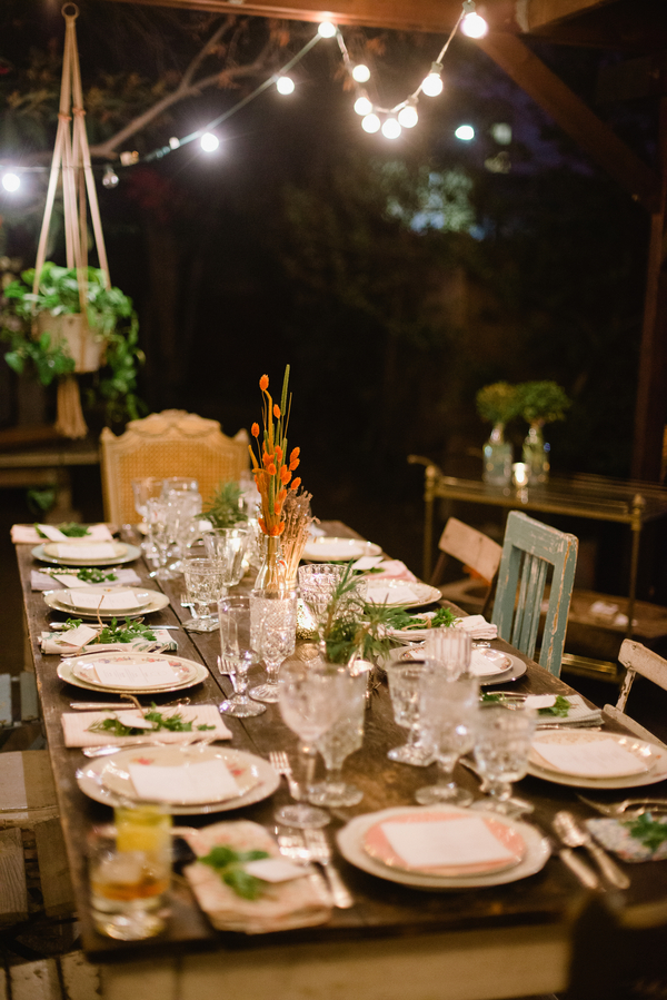 Sustainable dinner party inspiration, hunt and gather, backyard dinner party, cafe lights, mix and match chairs, vintage glassware __Brandi_Welles_Photographer_20121030huntandgather00132PRINT_low