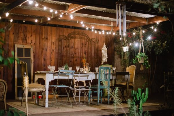 Sustainable dinner party inspiration, hunt and gather, backyard dinner party, cafe lights, mix and match chairs, vintage glassware __Brandi_Welles_Photographer_20121030huntandgather00146PRINT_low