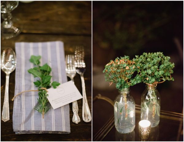 Backyard sustainable dinner party, blue striped napkin, herb details HOME - Brandi Welles Dinner party-001