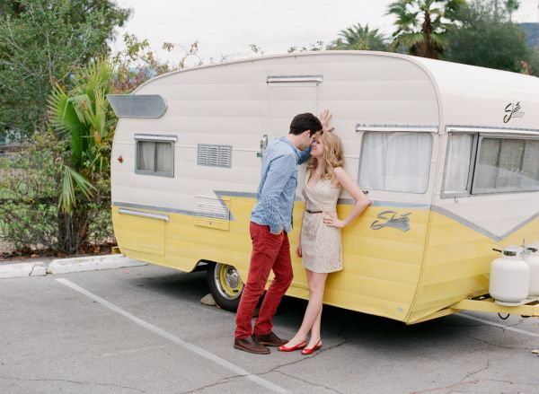 ojai engagement session, yellow retro camper, red jeans, tan lace dress, engagement style inspiration, outdoor engagement Troy Grover Photographers © 2013