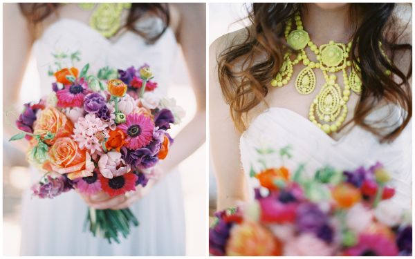 colorful wedding bouquet, orange, pink, purple flowers, anemones, roses, neon statement necklace, strapless wedding dress neoncolorfulweddinginspiration (16)