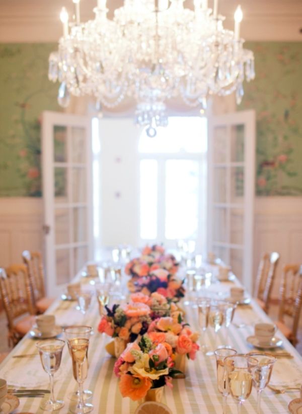 Citrus Bridal Shower, Chandelier, green striped tablecloth, table setting
