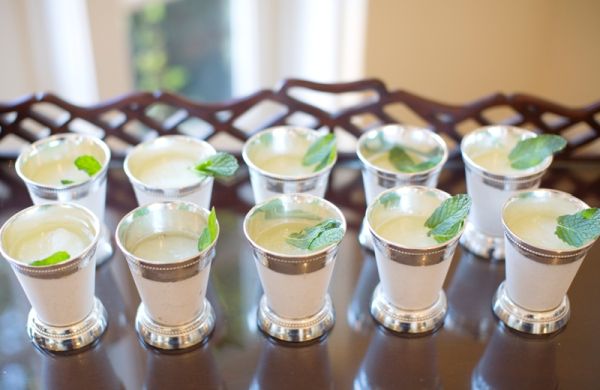 Citrus Bridal Shower, wood table, mint drinks, silver glassware