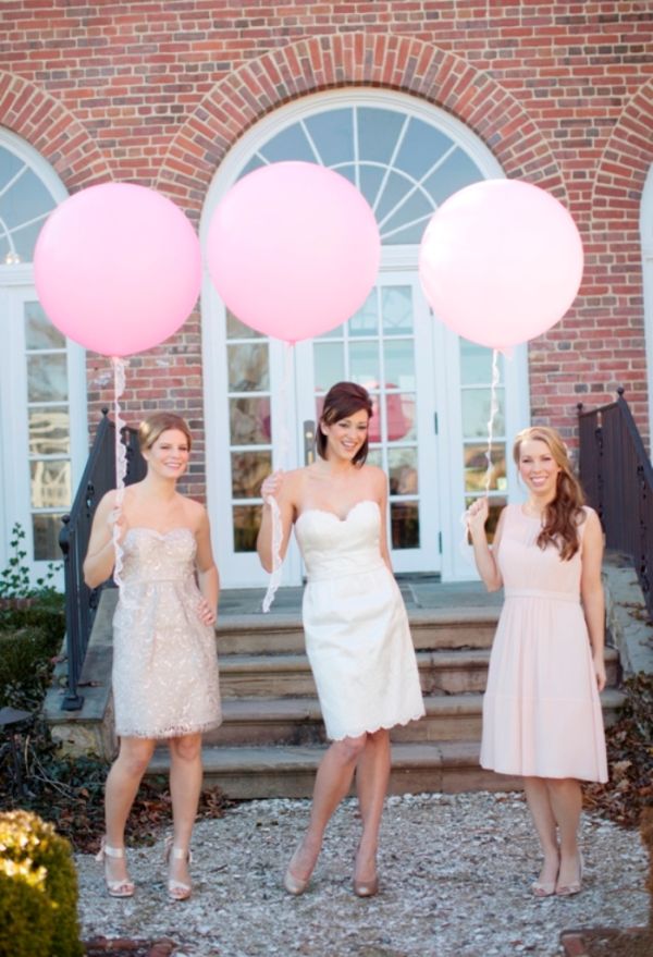 Citrus Bridal Shower, brick, giant pink balloons, bride, strapless dresses