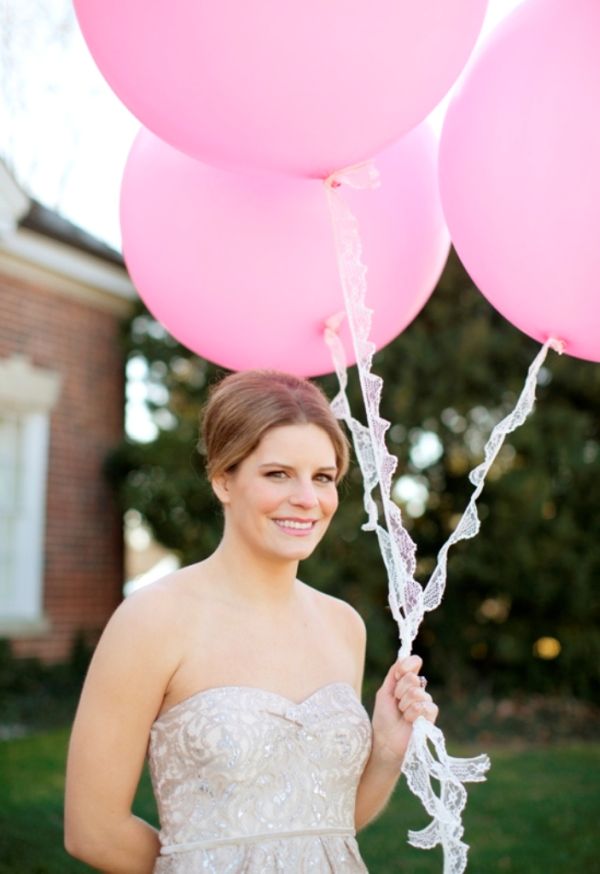 Citrus Bridal Shower, giant pink balloons, lace ribbon, brick, strapless shimmer dress