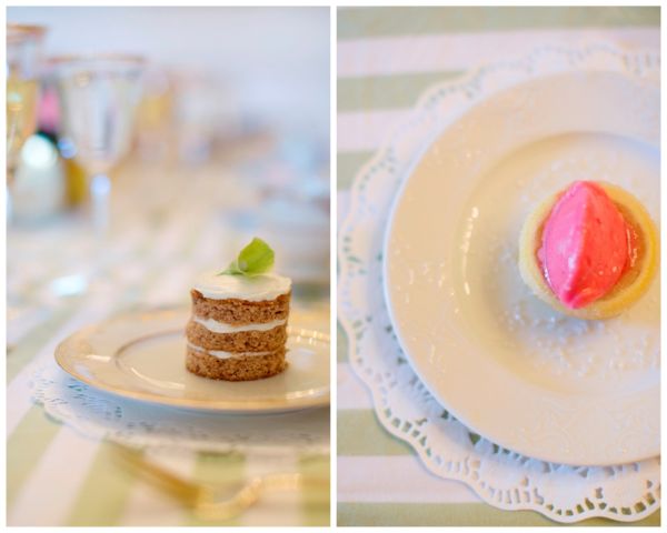 Citrus Bridal Shower, layered dessert, lace doily, green striped tablecloth, lemon, sorbet