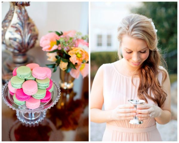 Citrus Bridal Shower, silver vase, gold vase, pink roses, pink and green french macarons