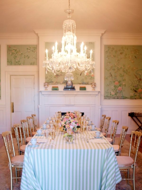 Citrus Bridal Shower, chandelier, green striped tablecloth, dining room