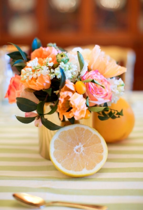 Citrus Bridal Shower, pink roses, floral bouquet, lemons, gold vase, green table cloth, gold flatware