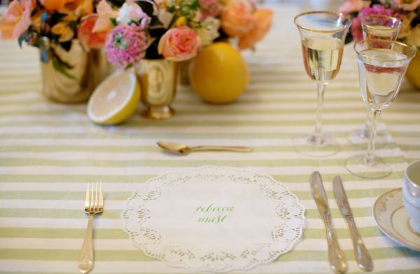 Citrus Bridal Shower, gold flatware, gold vase, lemon, gold trim glasses, lace doily