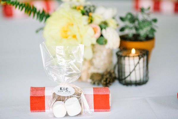 couples camping shower, smore favors, plaid napkins, table florals