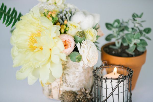 couples camping shower, table florals, tree peony, ferns