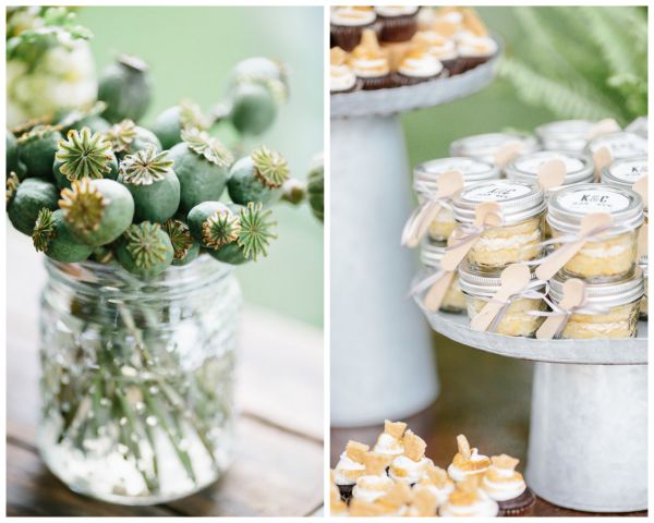 couples camping shower, table plants, cupcakes in a jar, mini cupcakes, mason jars