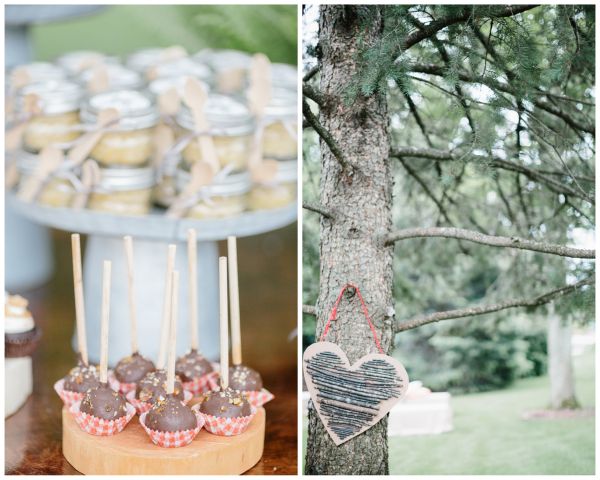 couples camping shower, dessert table, cupcakes in a car, cake pops, heart decor