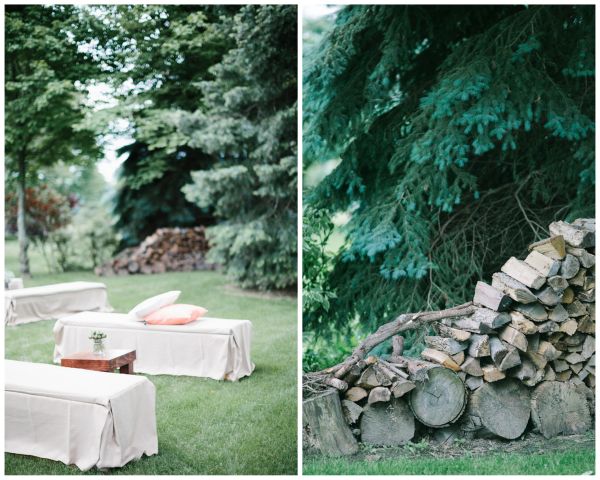 couples camping shower, seating area, wood