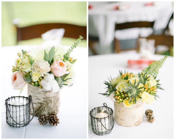 couples camping shower, table florals, peonies, ferns, succulents, birch vases