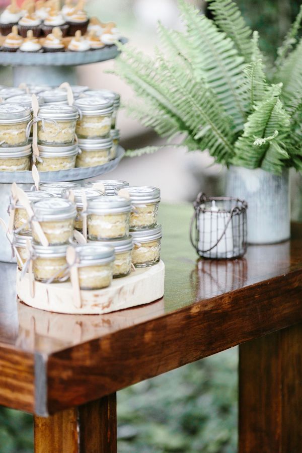couples camping shower, dessert table, cupcakes in a jar, mini cupcakes, ferns