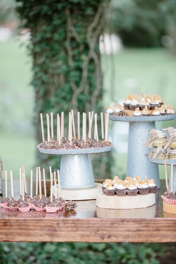couples camping shower, mini cupcakes, cakepops, dessert table